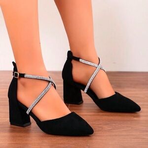 Elegant Black Women's Heels with Rhinestone Straps